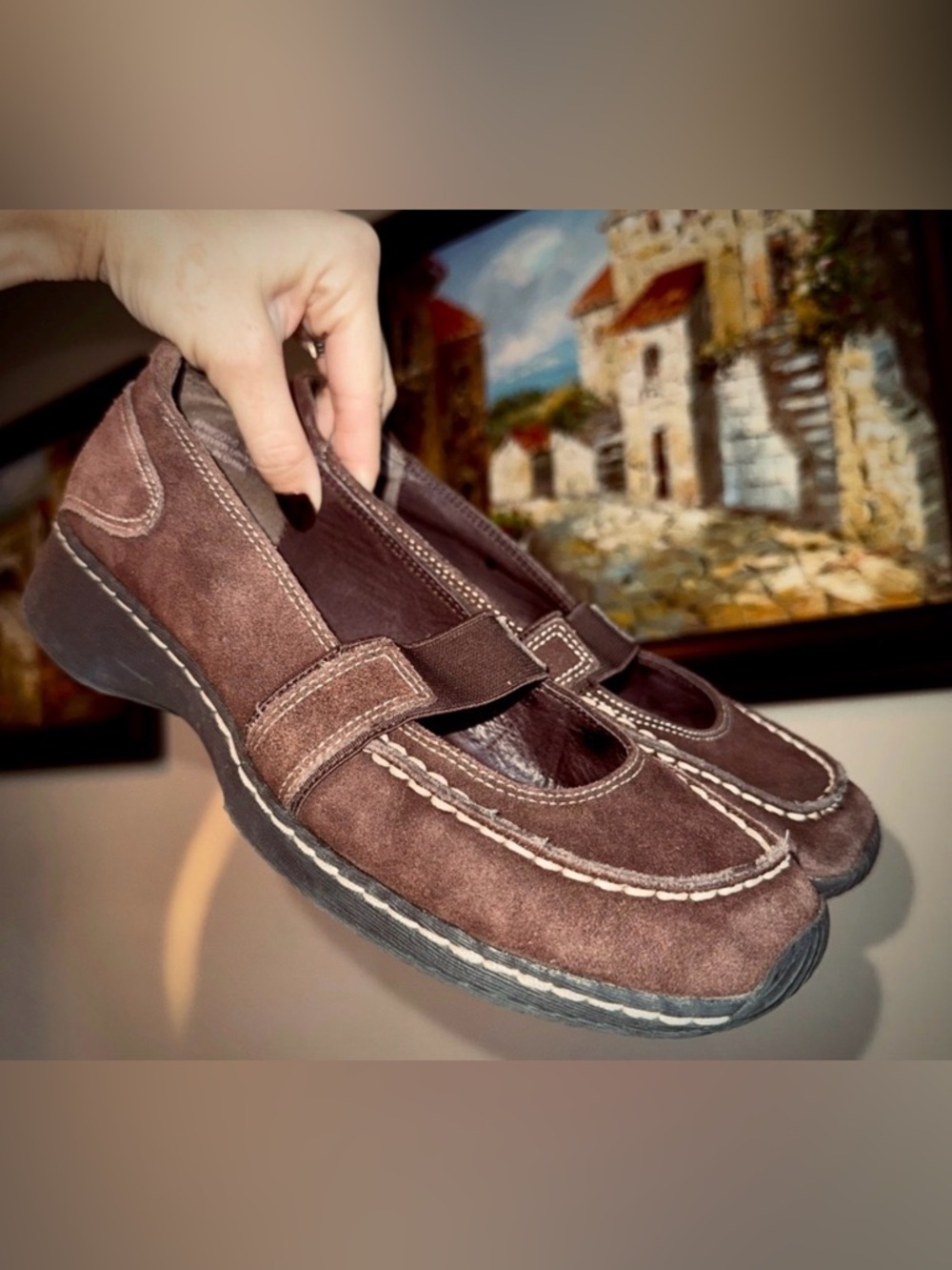 Vintage Brown Suede Leather Mary Jane Clogs Loafers Yellow Box 8